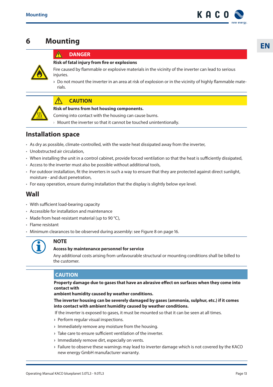 6 mounting, Installation space, Wall | KACO blueplanet 5.0 - 9.0 TL3 User Manual | Page 13 / 56