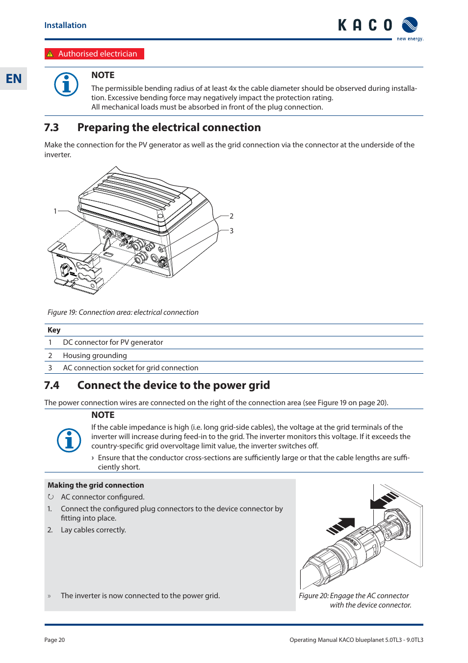 3 preparing the electrical connection, 4 connect the device to the power grid | KACO blueplanet 5.0 - 9.0 TL3 User Manual | Page 20 / 56