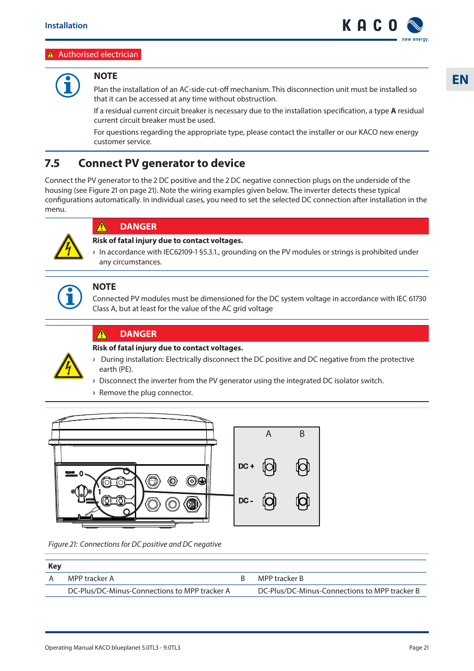 5 connect pv generator to device | KACO blueplanet 5.0 - 9.0 TL3 User Manual | Page 21 / 56