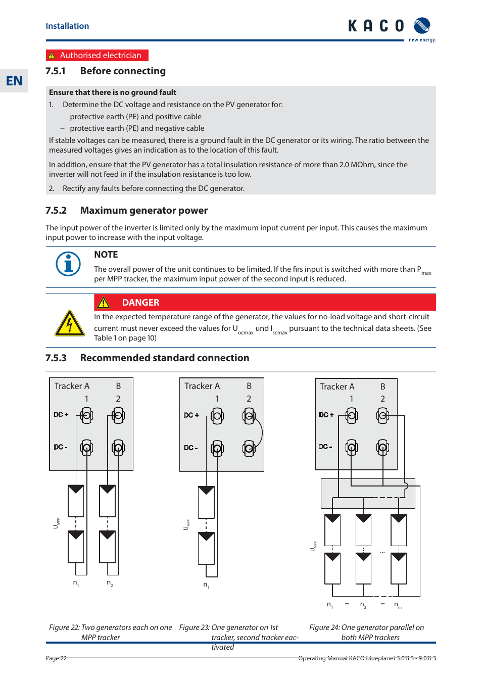 1 before connecting, 2 maximum generator power, 3 recommended standard connection | Danger | KACO blueplanet 5.0 - 9.0 TL3 User Manual | Page 22 / 56