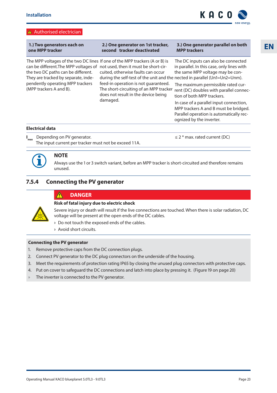 4 connecting the pv generator | KACO blueplanet 5.0 - 9.0 TL3 User Manual | Page 23 / 56