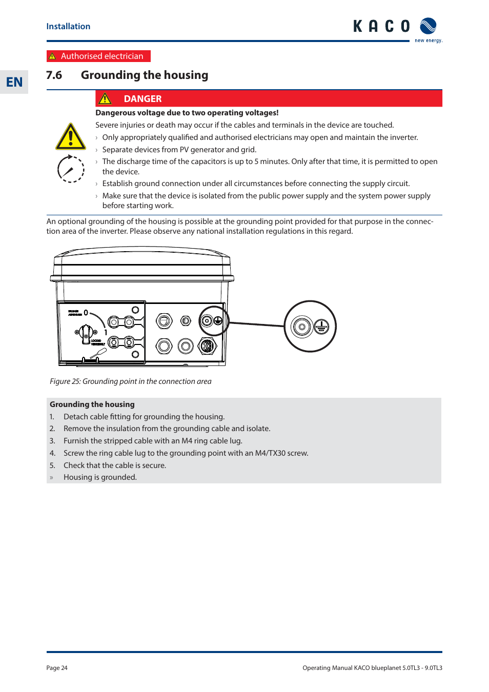 6 grounding the housing | KACO blueplanet 5.0 - 9.0 TL3 User Manual | Page 24 / 56