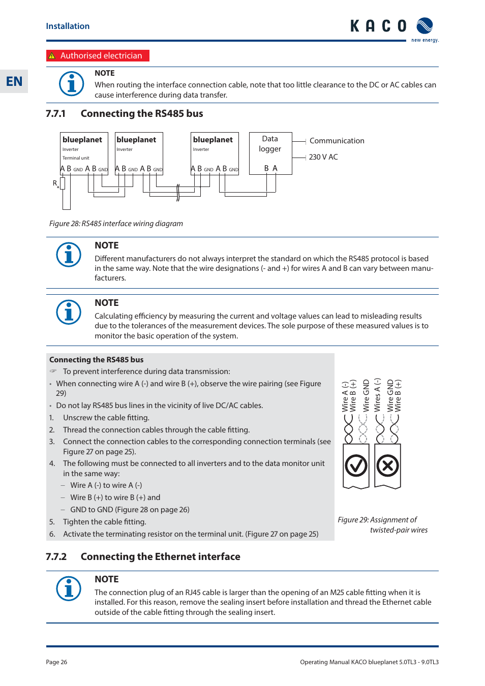 1 connecting the rs485 bus, 2 connecting the ethernet interface | KACO blueplanet 5.0 - 9.0 TL3 User Manual | Page 26 / 56