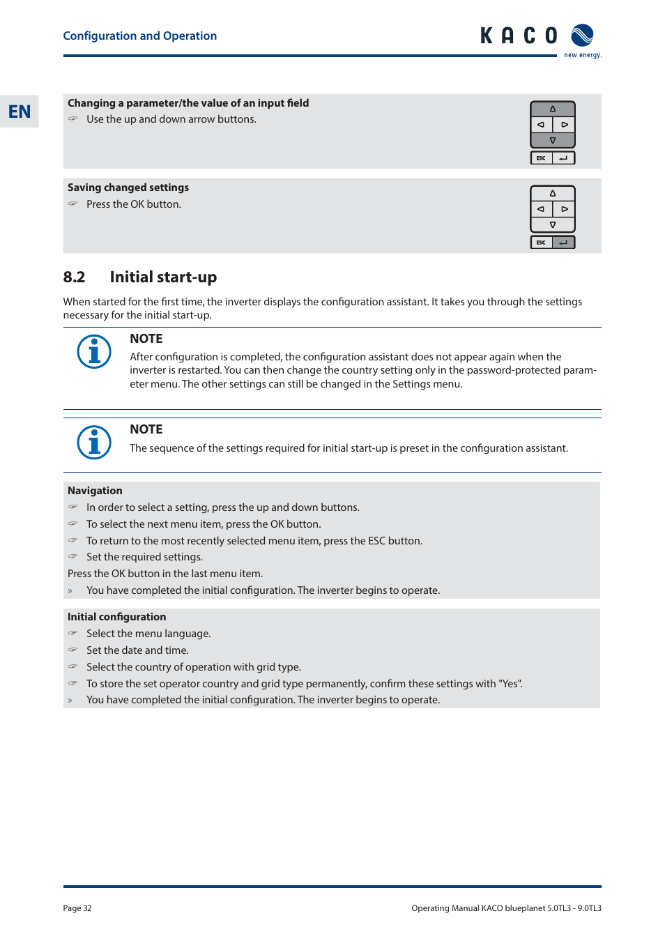 2 initial start-up | KACO blueplanet 5.0 - 9.0 TL3 User Manual | Page 32 / 56