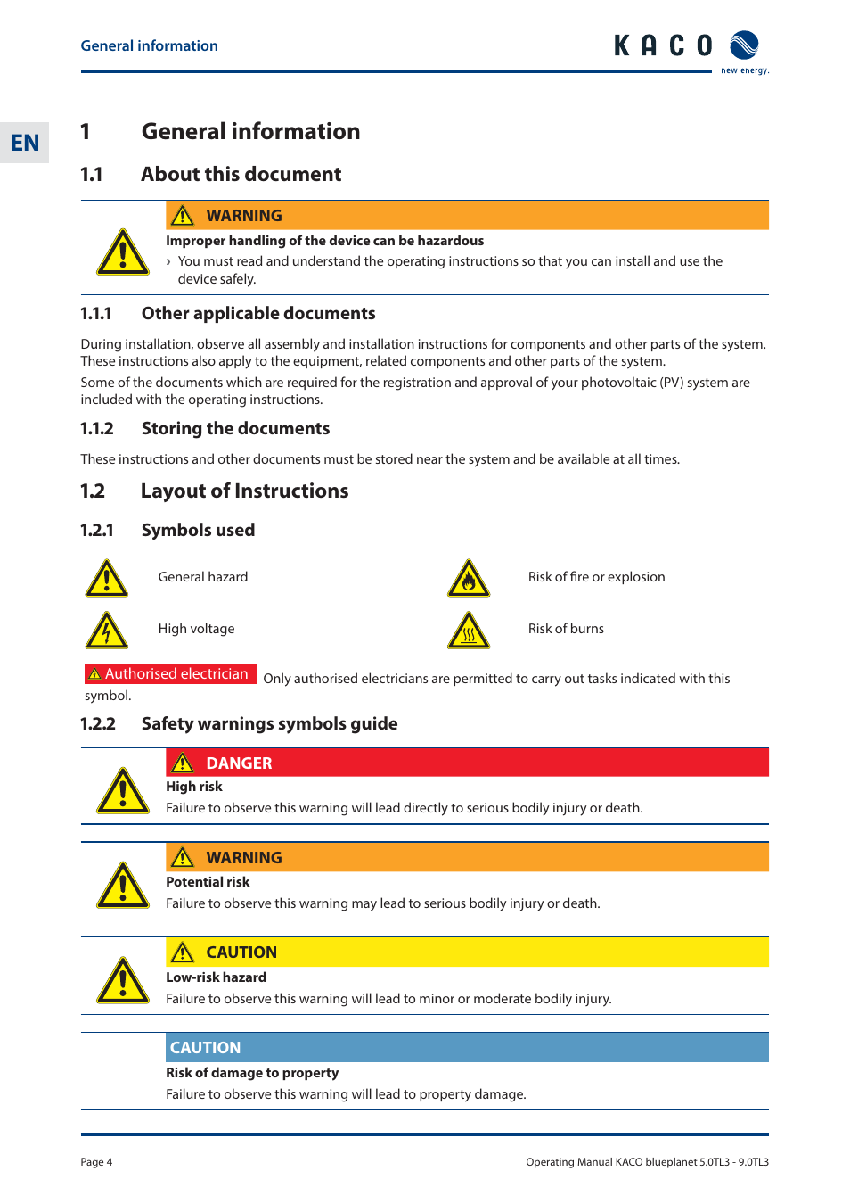 1 general information, 1 about this document, 2 layout of instructions | KACO blueplanet 5.0 - 9.0 TL3 User Manual | Page 4 / 56