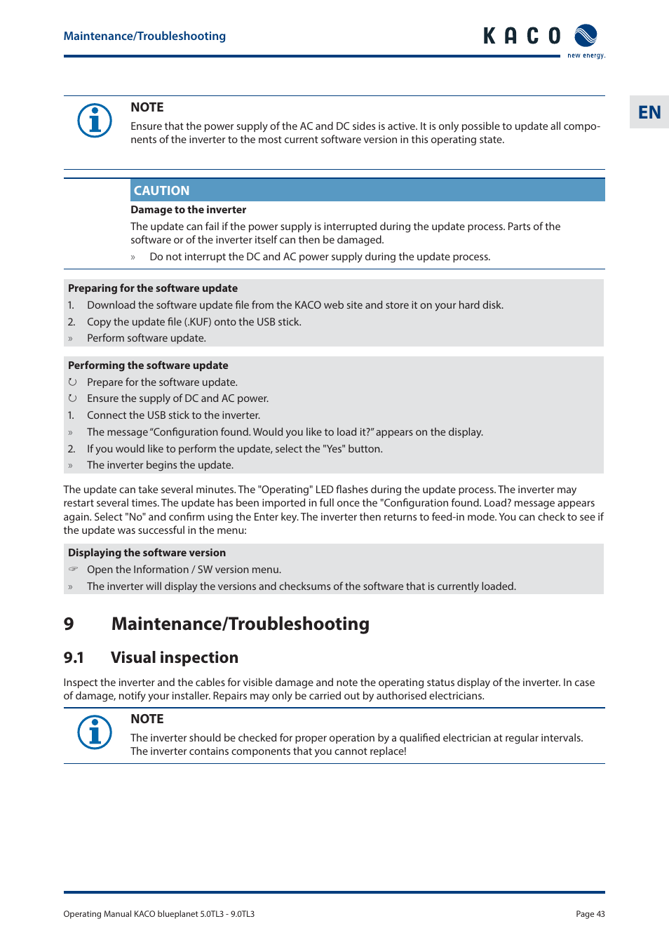 9maintenance/troubleshooting, 1 visual inspection | KACO blueplanet 5.0 - 9.0 TL3 User Manual | Page 43 / 56