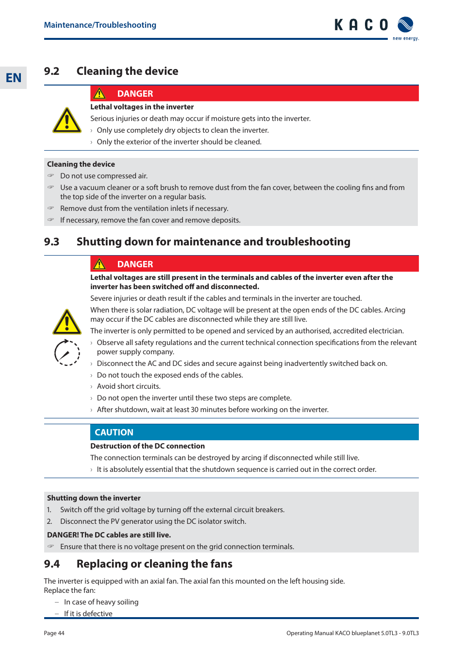 2 cleaning the device, 4 replacing or cleaning the fans | KACO blueplanet 5.0 - 9.0 TL3 User Manual | Page 44 / 56