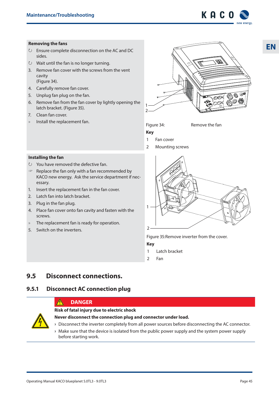 5 disconnect connections, 1 disconnect ac connection plug | KACO blueplanet 5.0 - 9.0 TL3 User Manual | Page 45 / 56