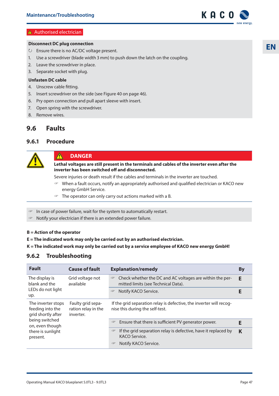 6 faults | KACO blueplanet 5.0 - 9.0 TL3 User Manual | Page 47 / 56
