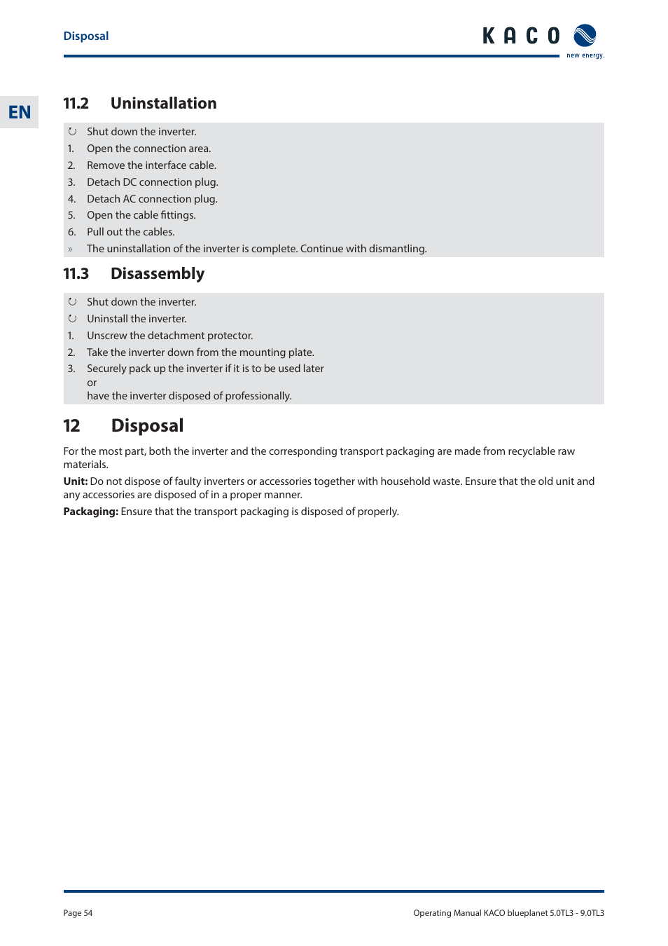 12 disposal, 2 uninstallation, 3 disassembly | KACO blueplanet 5.0 - 9.0 TL3 User Manual | Page 54 / 56