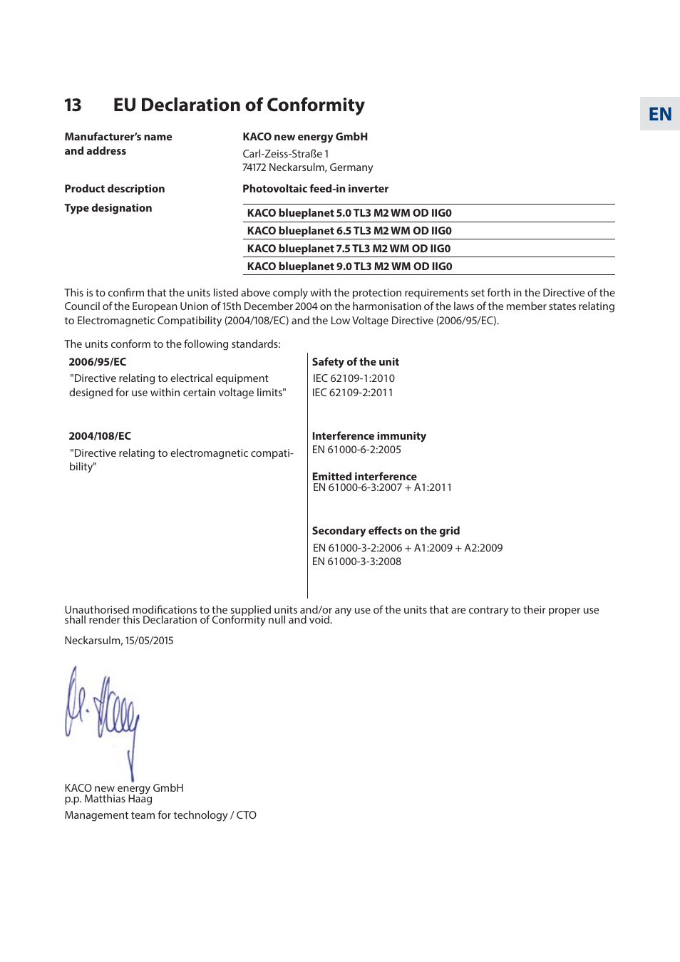 En 13 eu declaration of conformity | KACO blueplanet 5.0 - 9.0 TL3 User Manual | Page 55 / 56