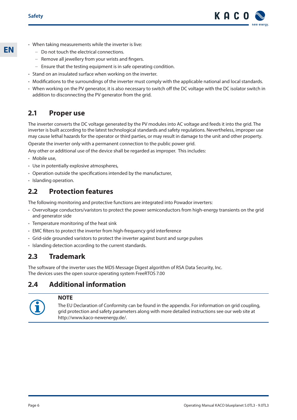 1 proper use, 2 protection features, 3 trademark | 4 additional information | KACO blueplanet 5.0 - 9.0 TL3 User Manual | Page 6 / 56