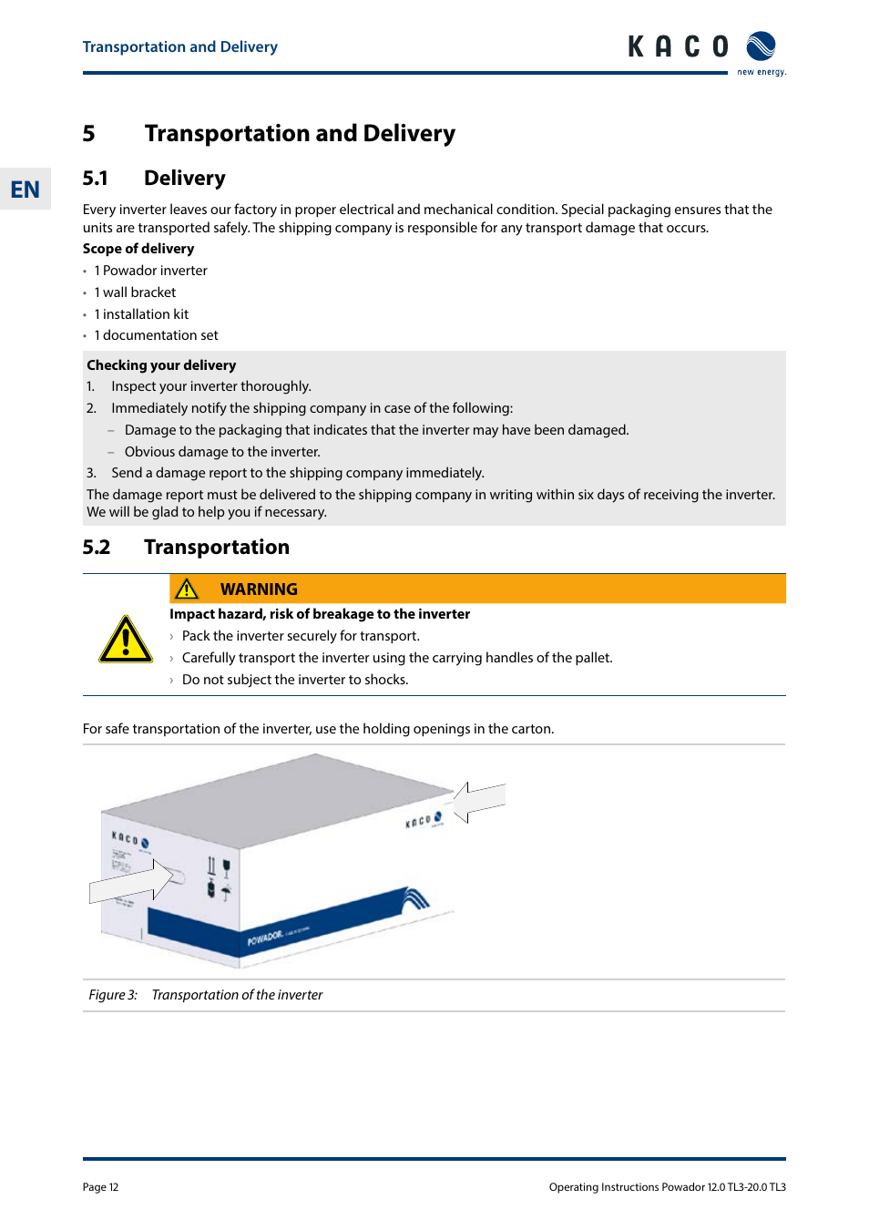 5 transportation and delivery, 1 delivery, 2 transportation | Transportation and delivery, 1 delivery 5.2 transportation, 5transportation and delivery | KACO Powador 10.0 - 20.0 TL3 User Manual | Page 12 / 56
