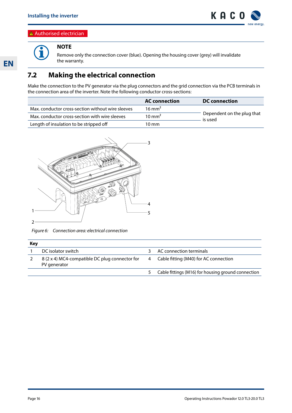 2 making the electrical connection, Making the electrical connection | KACO Powador 10.0 - 20.0 TL3 User Manual | Page 16 / 56