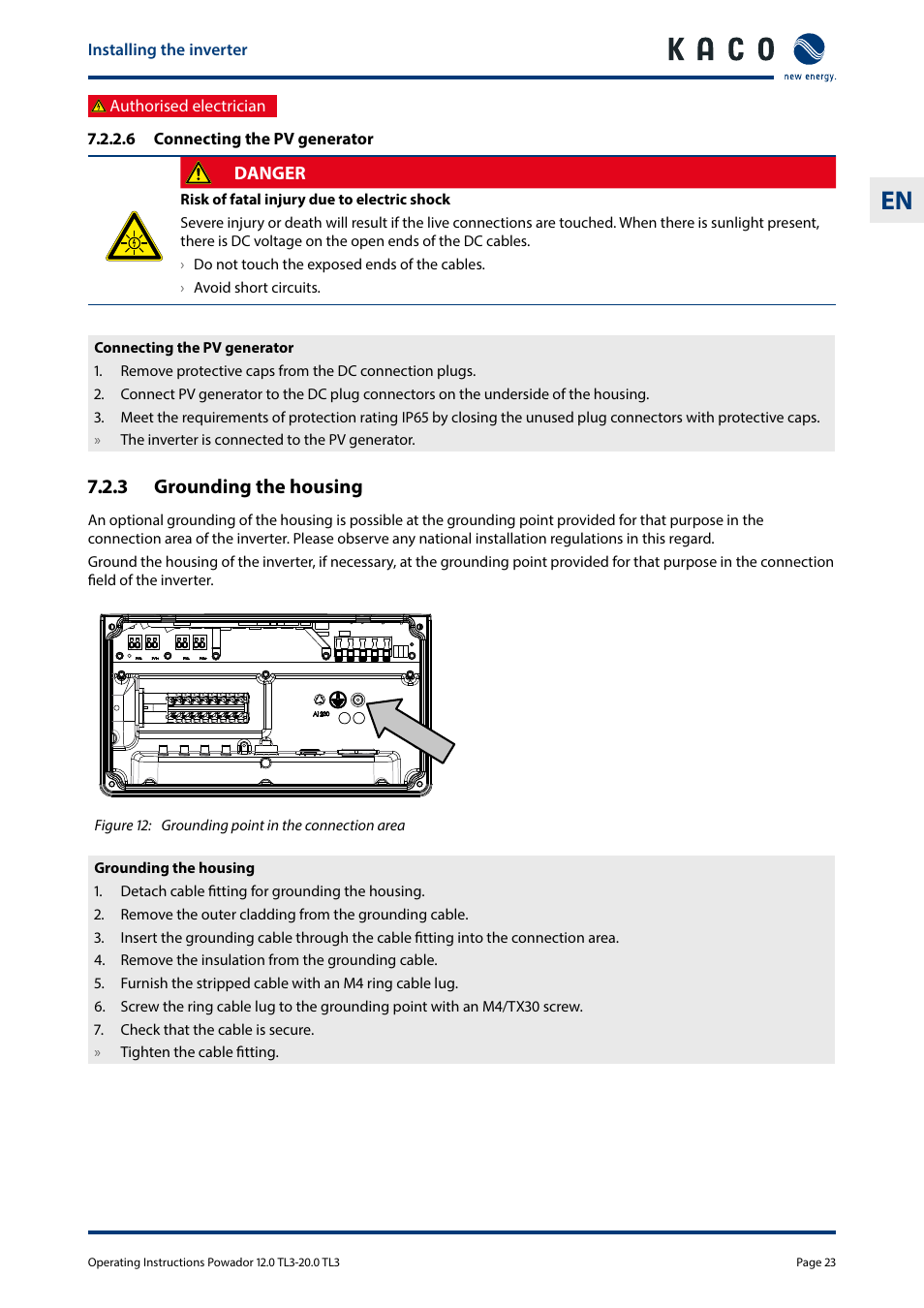 3 grounding the housing | KACO Powador 10.0 - 20.0 TL3 User Manual | Page 23 / 56