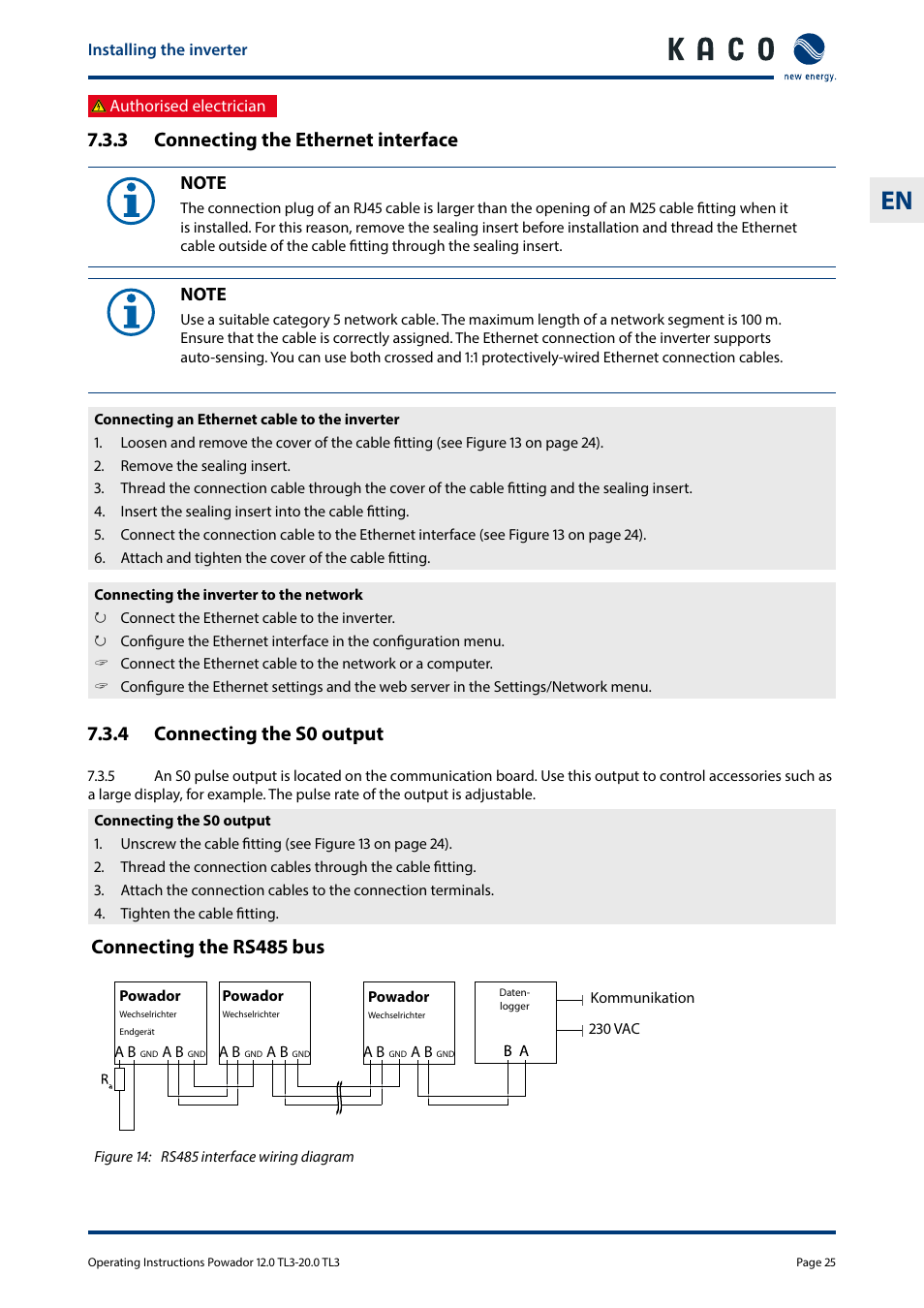 3 connecting the ethernet interface, 4 connecting the s0 output, Connecting the rs485 bus | KACO Powador 10.0 - 20.0 TL3 User Manual | Page 25 / 56