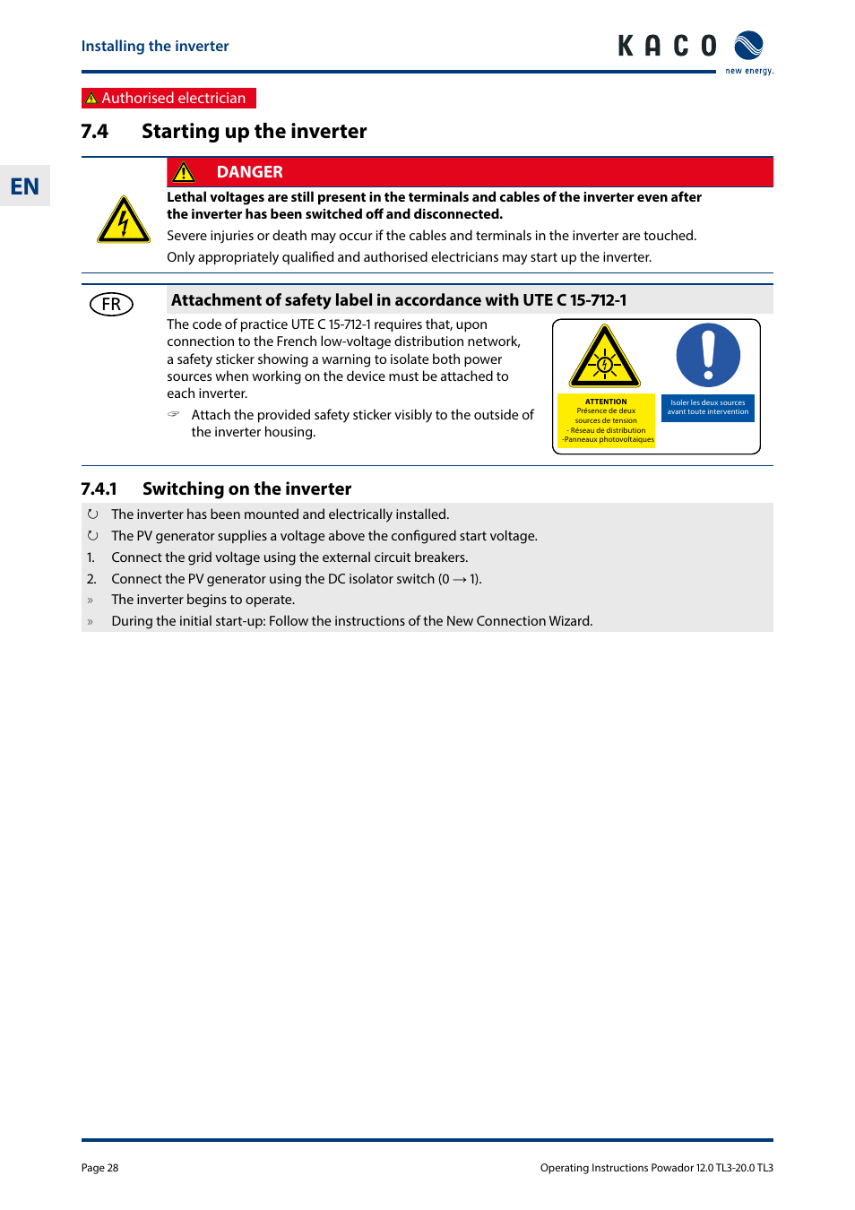 4 starting up the inverter, Starting up the inverter, 1 switching on the inverter | KACO Powador 10.0 - 20.0 TL3 User Manual | Page 28 / 56