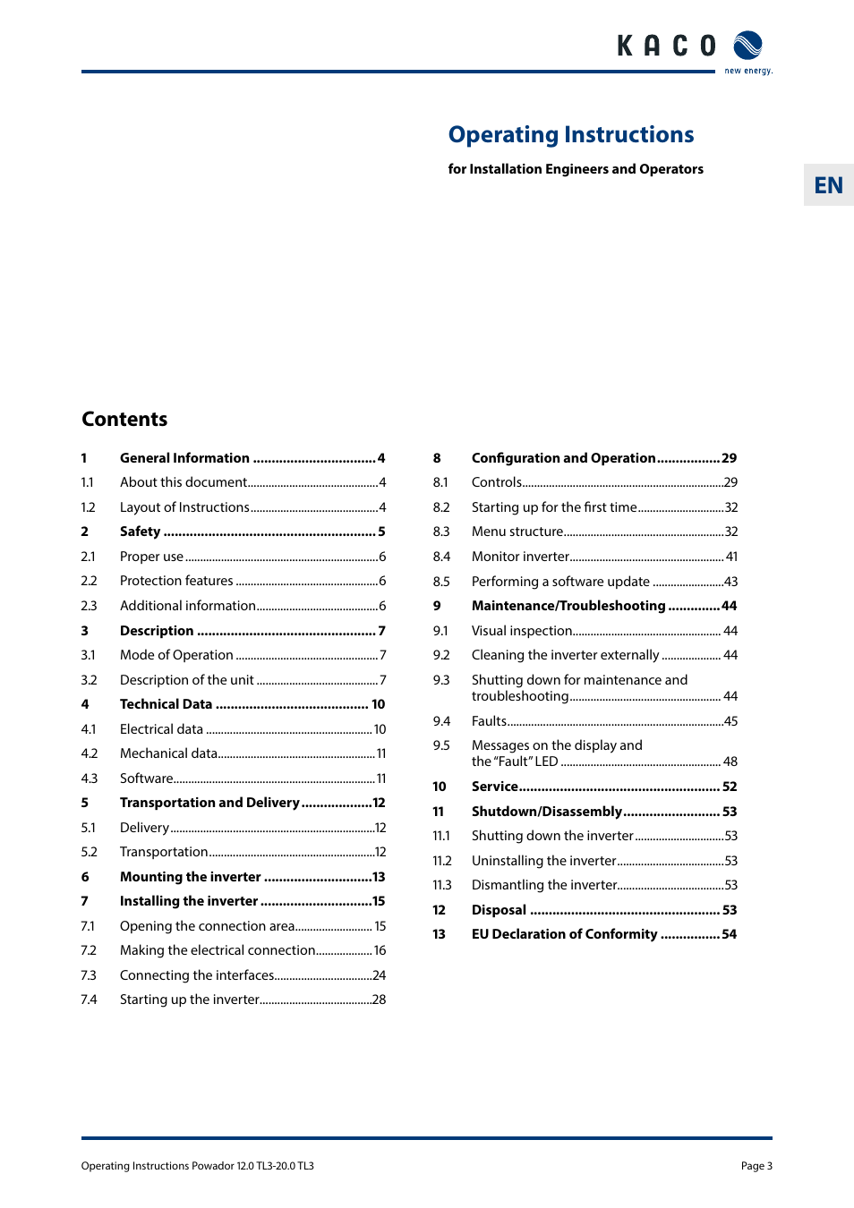 KACO Powador 10.0 - 20.0 TL3 User Manual | Page 3 / 56