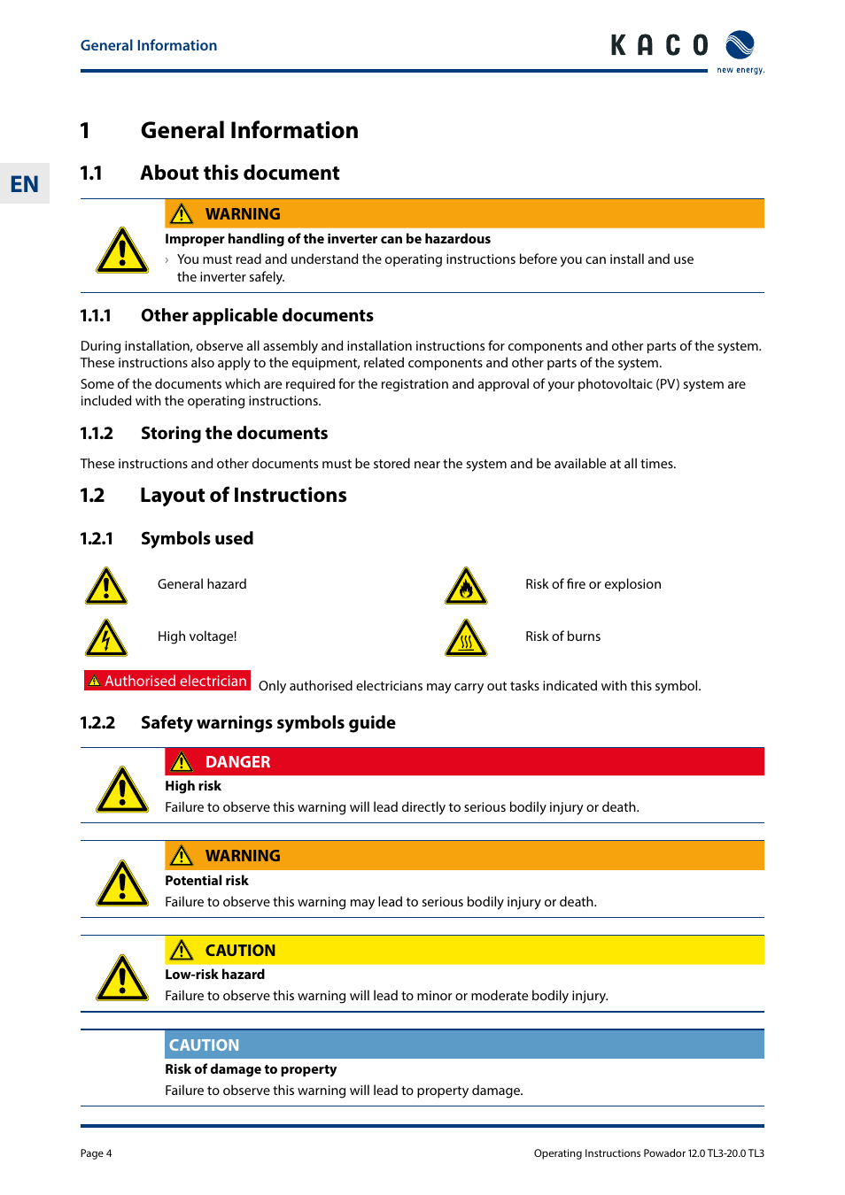 1 general information, 1 about this document, 2 layout of instructions | General information, About this document, Layout of instructions, 1general information | KACO Powador 10.0 - 20.0 TL3 User Manual | Page 4 / 56