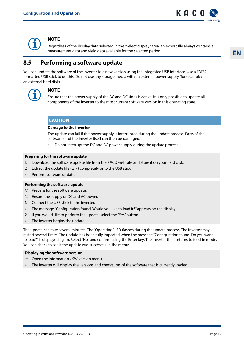 5 performing a software update, Performing a software update | KACO Powador 10.0 - 20.0 TL3 User Manual | Page 43 / 56