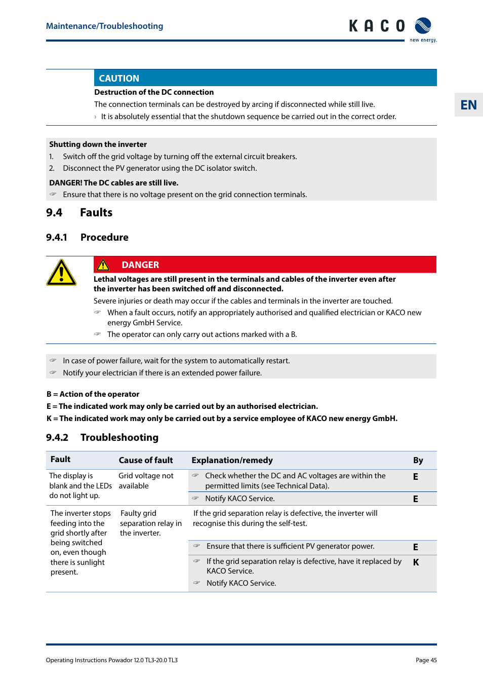 4 faults | KACO Powador 10.0 - 20.0 TL3 User Manual | Page 45 / 56