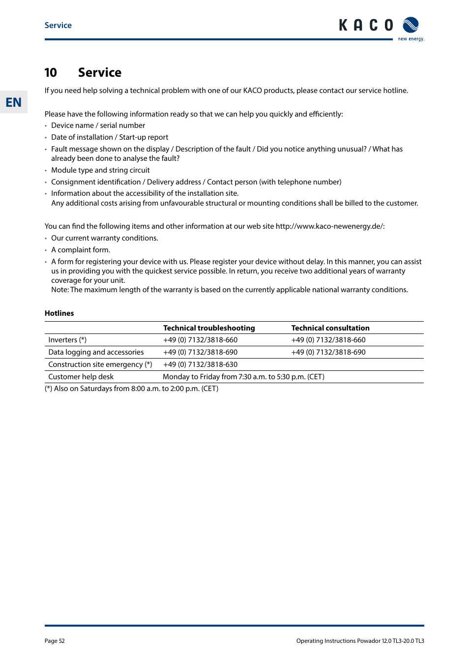 10 service | KACO Powador 10.0 - 20.0 TL3 User Manual | Page 52 / 56