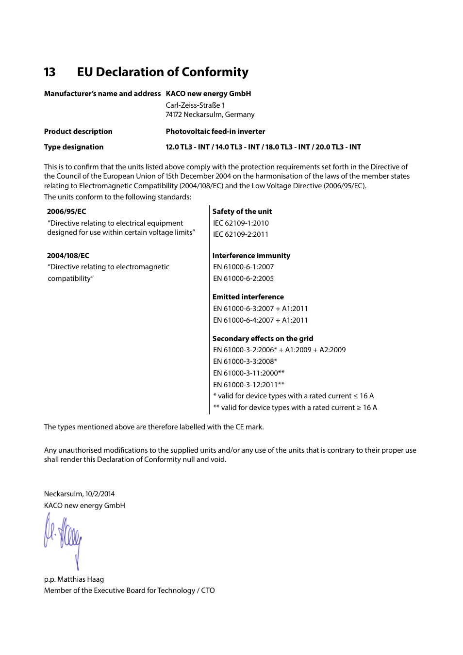 13 eu declaration of conformity, Eu declaration of conformity | KACO Powador 10.0 - 20.0 TL3 User Manual | Page 54 / 56