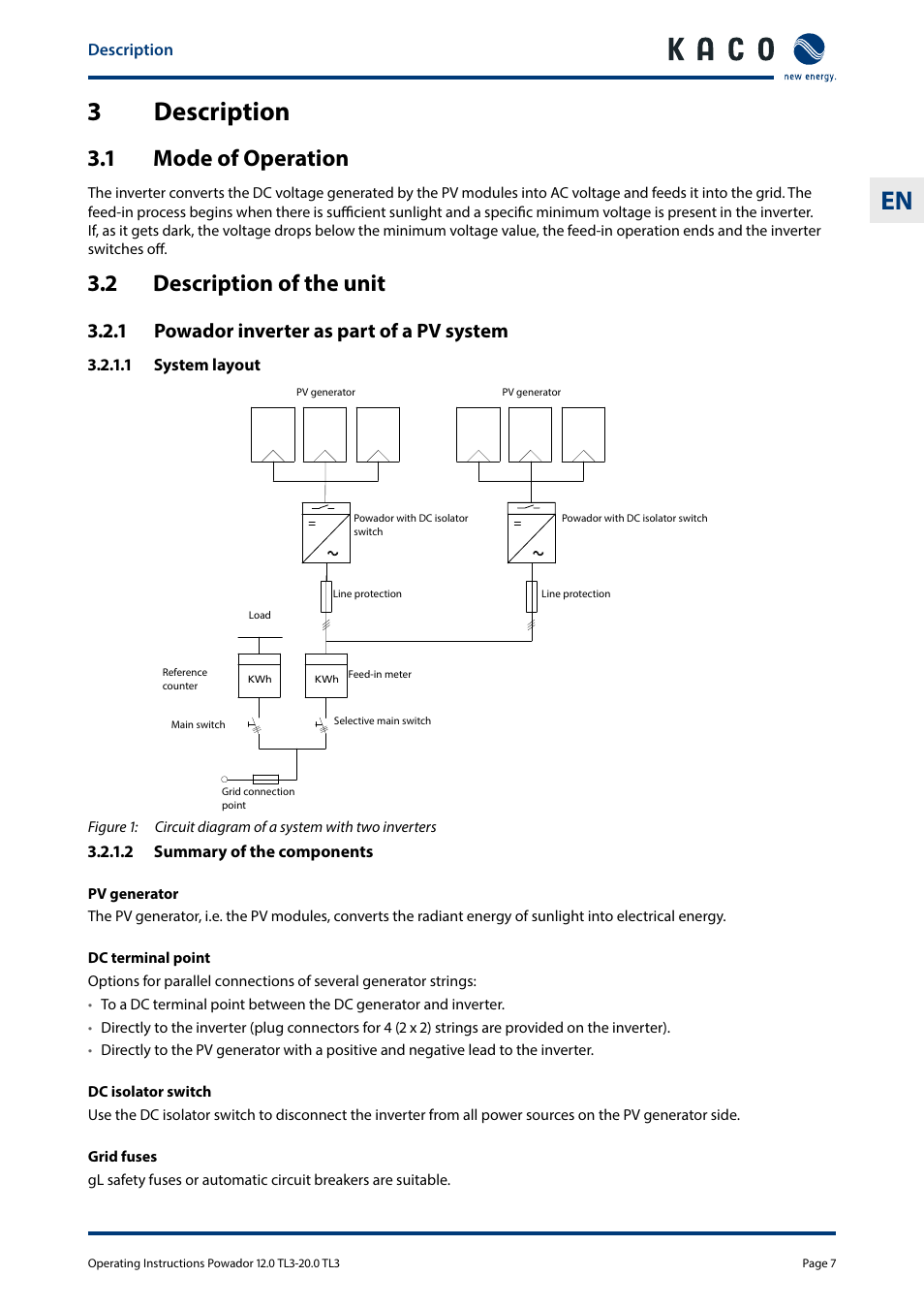 3 description, 1 mode of operation, 2 description of the unit | 3 description 3.1, Mode of operation, Description of the unit, 3description, 1 powador inverter as part of a pv system | KACO Powador 10.0 - 20.0 TL3 User Manual | Page 7 / 56