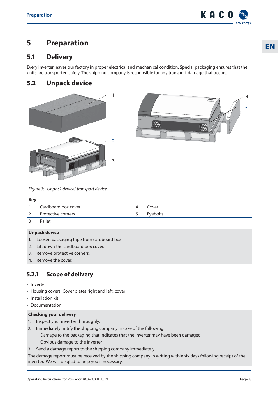 En 5 preparation, 1 delivery, 2 unpack device | KACO Powador 30.0 - 60.0 TL3 User Manual | Page 13 / 60