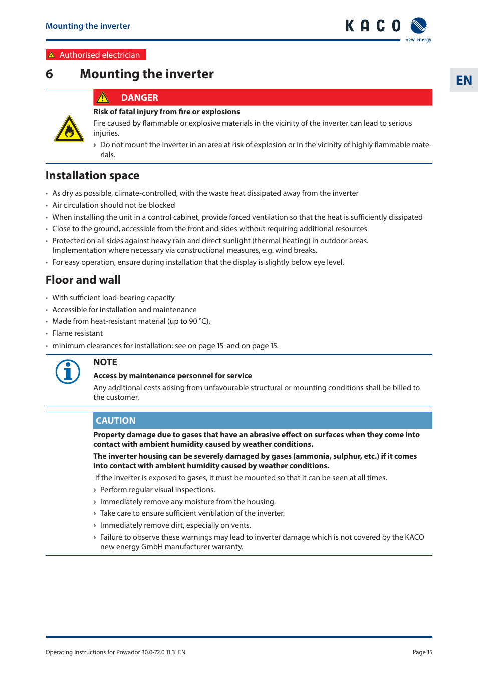 6mounting the inverter, Installation space, Floor and wall | KACO Powador 30.0 - 60.0 TL3 User Manual | Page 15 / 60