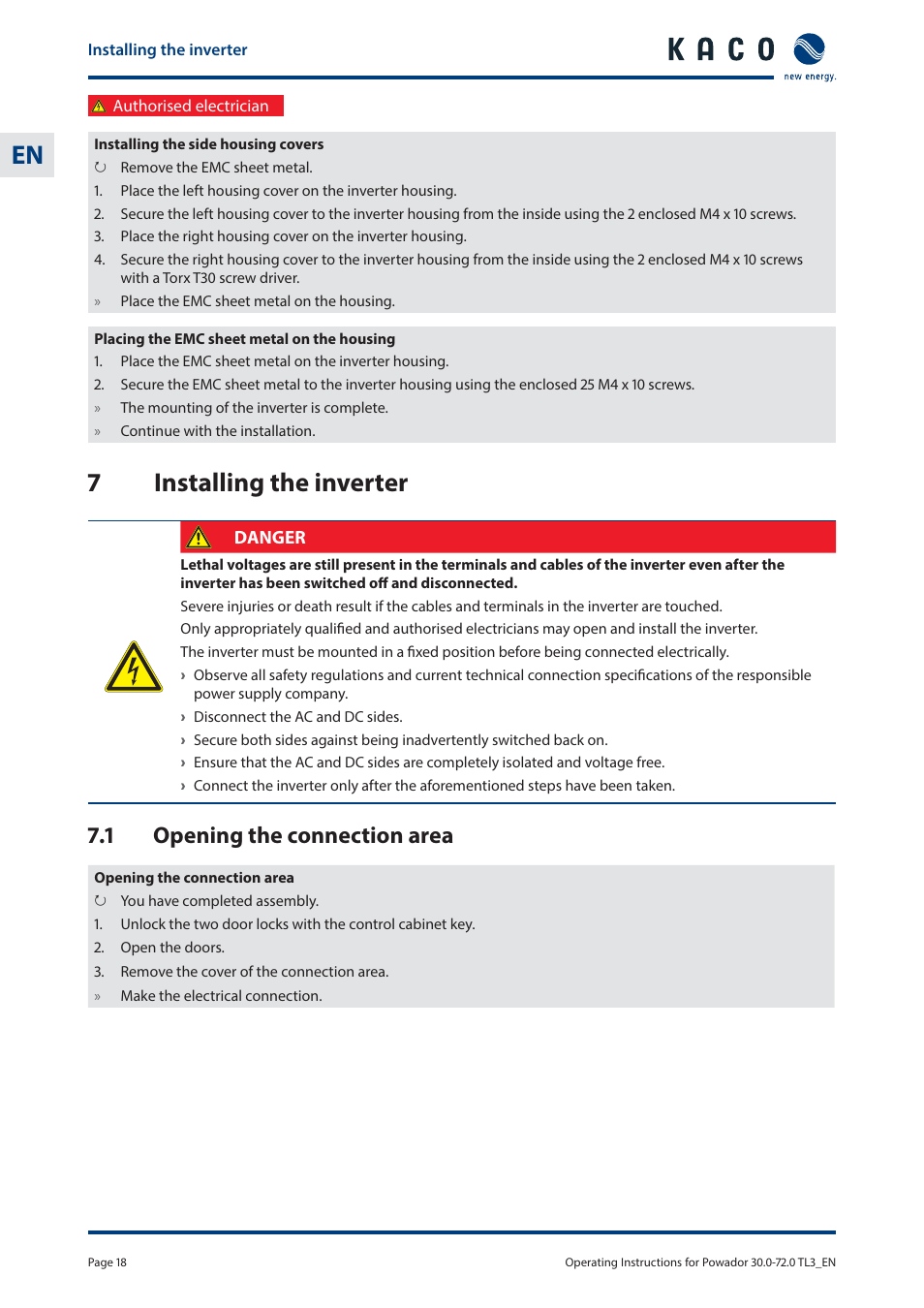 7installing the inverter, 1 opening the connection area | KACO Powador 30.0 - 60.0 TL3 User Manual | Page 18 / 60