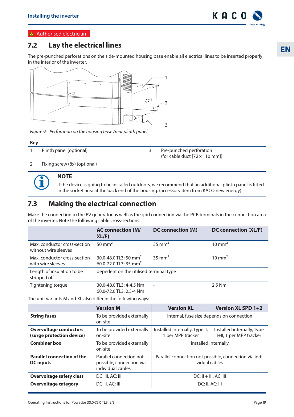 2 lay the electrical lines, 3 making the electrical connection | KACO Powador 30.0 - 60.0 TL3 User Manual | Page 19 / 60