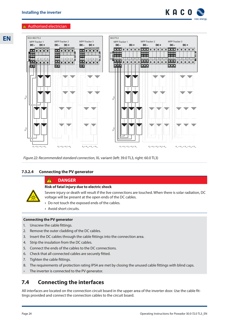 4 connecting the interfaces, Danger, Installing the inverter | Authorised electrician, 4 connecting the pv generator | KACO Powador 30.0 - 60.0 TL3 User Manual | Page 24 / 60