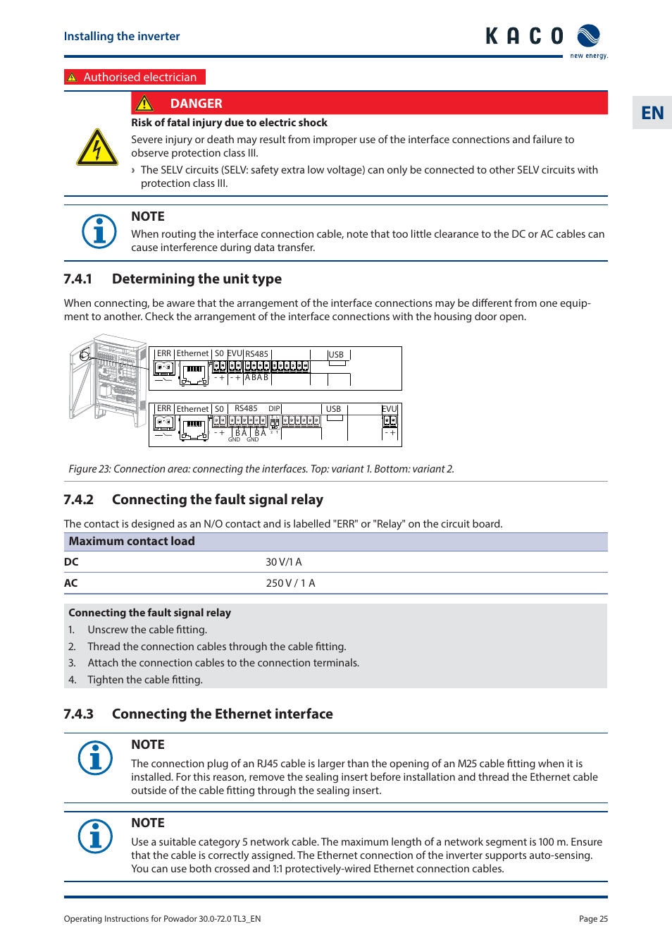 1 determining the unit type, 2 connecting the fault signal relay, 3 connecting the ethernet interface | Danger | KACO Powador 30.0 - 60.0 TL3 User Manual | Page 25 / 60