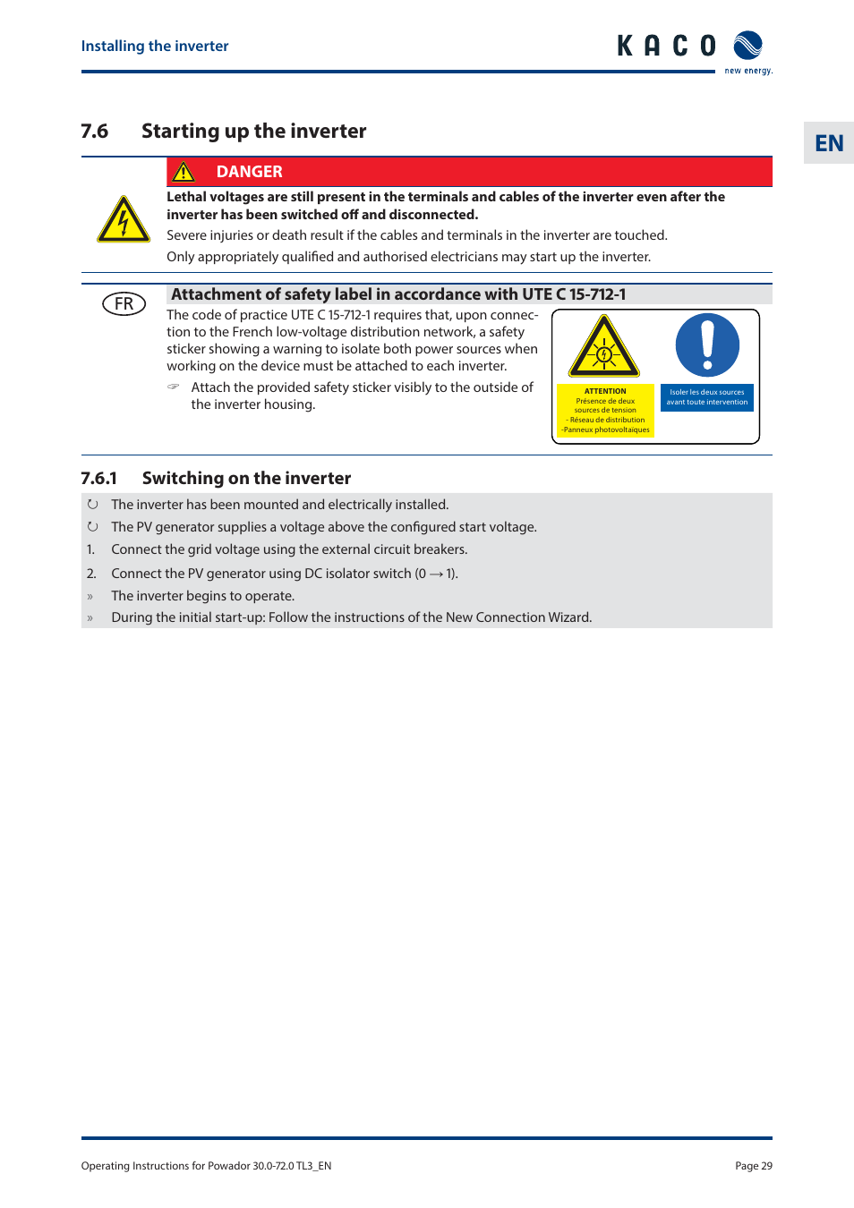 6 starting up the inverter, 1 switching on the inverter, Danger | KACO Powador 30.0 - 60.0 TL3 User Manual | Page 29 / 60