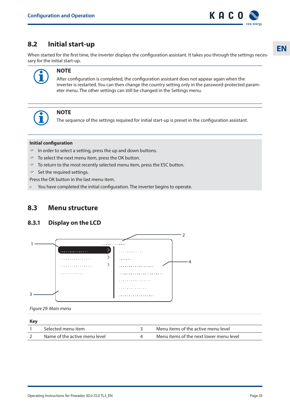 2 initial start-up, 3 menu structure | KACO Powador 30.0 - 60.0 TL3 User Manual | Page 33 / 60