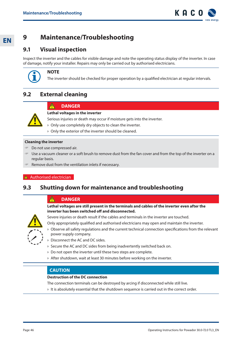 En 9 maintenance/troubleshooting, 1 visual inspection, 2 external cleaning | KACO Powador 30.0 - 60.0 TL3 User Manual | Page 46 / 60