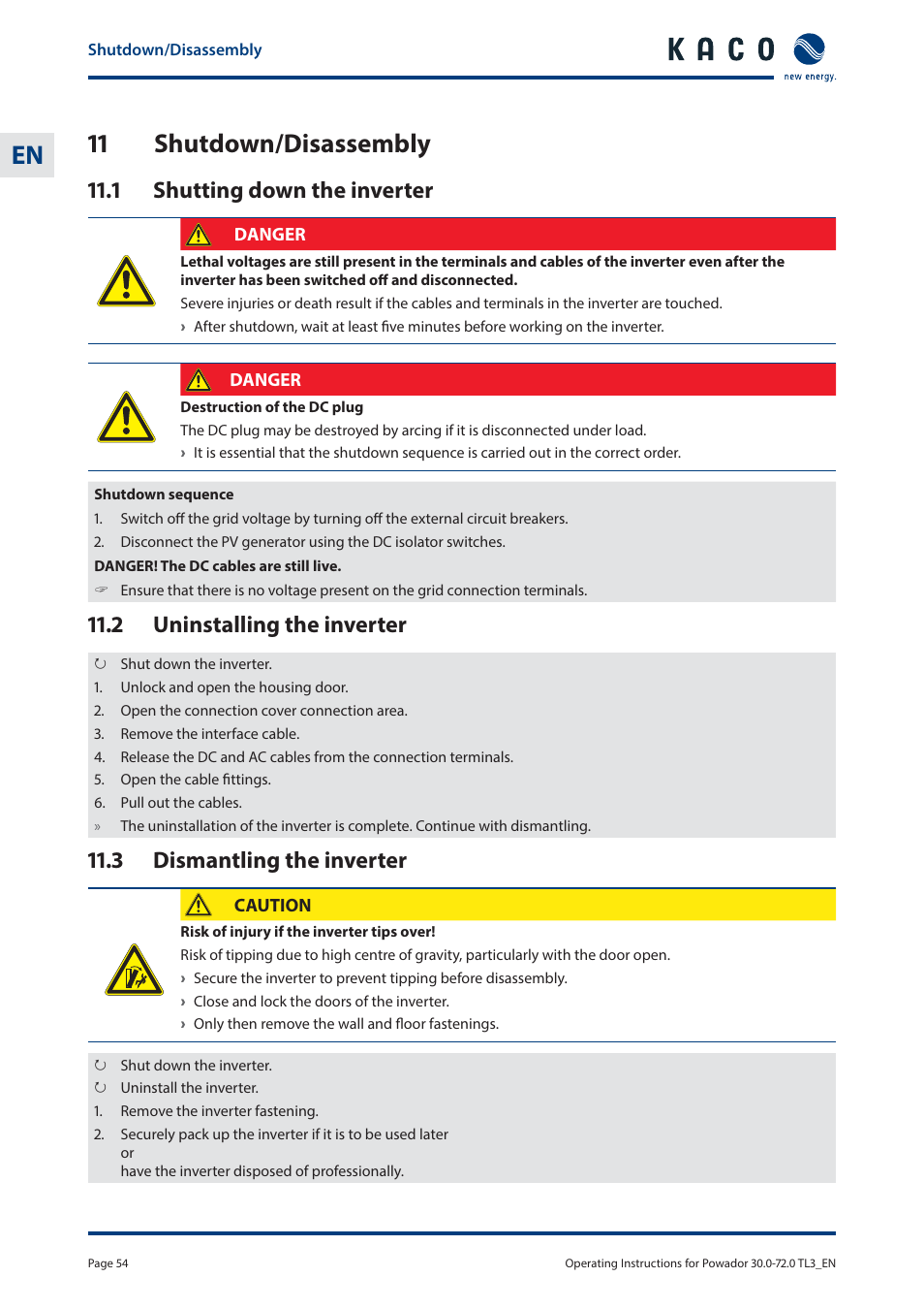 En 11 shutdown/disassembly, 1 shutting down the inverter, 2 uninstalling the inverter | 3 dismantling the inverter | KACO Powador 30.0 - 60.0 TL3 User Manual | Page 54 / 60