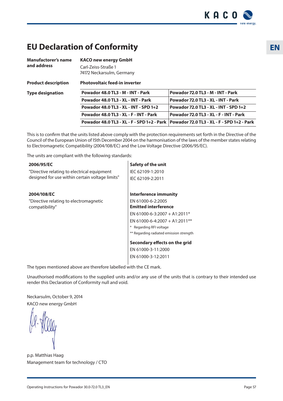 Eu declaration of conformity | KACO Powador 30.0 - 60.0 TL3 User Manual | Page 57 / 60