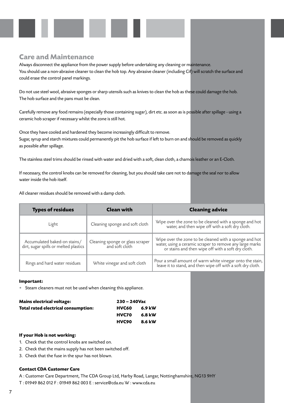 Care and maintenance | CDA HVC70 User Manual | Page 8 / 12