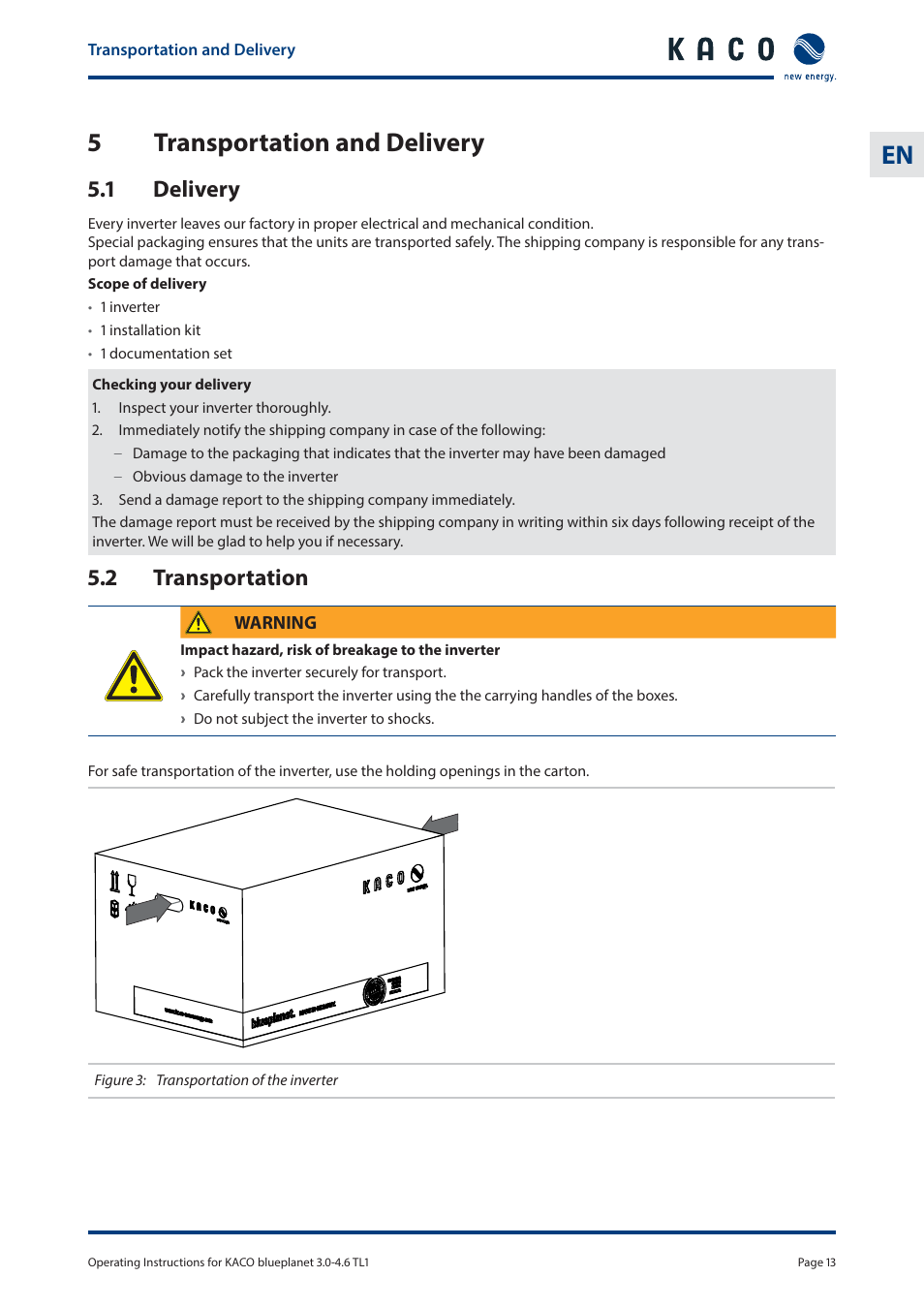 5transportation and delivery, 1 delivery, 2 transportation | KACO blueplanet 3.0 - 4.6 TL1 User Manual | Page 13 / 56