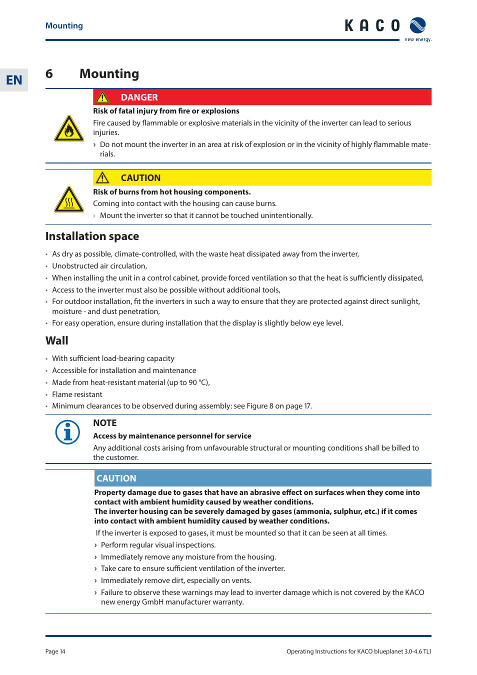 6 mounting, Installation space, Wall | KACO blueplanet 3.0 - 4.6 TL1 User Manual | Page 14 / 56