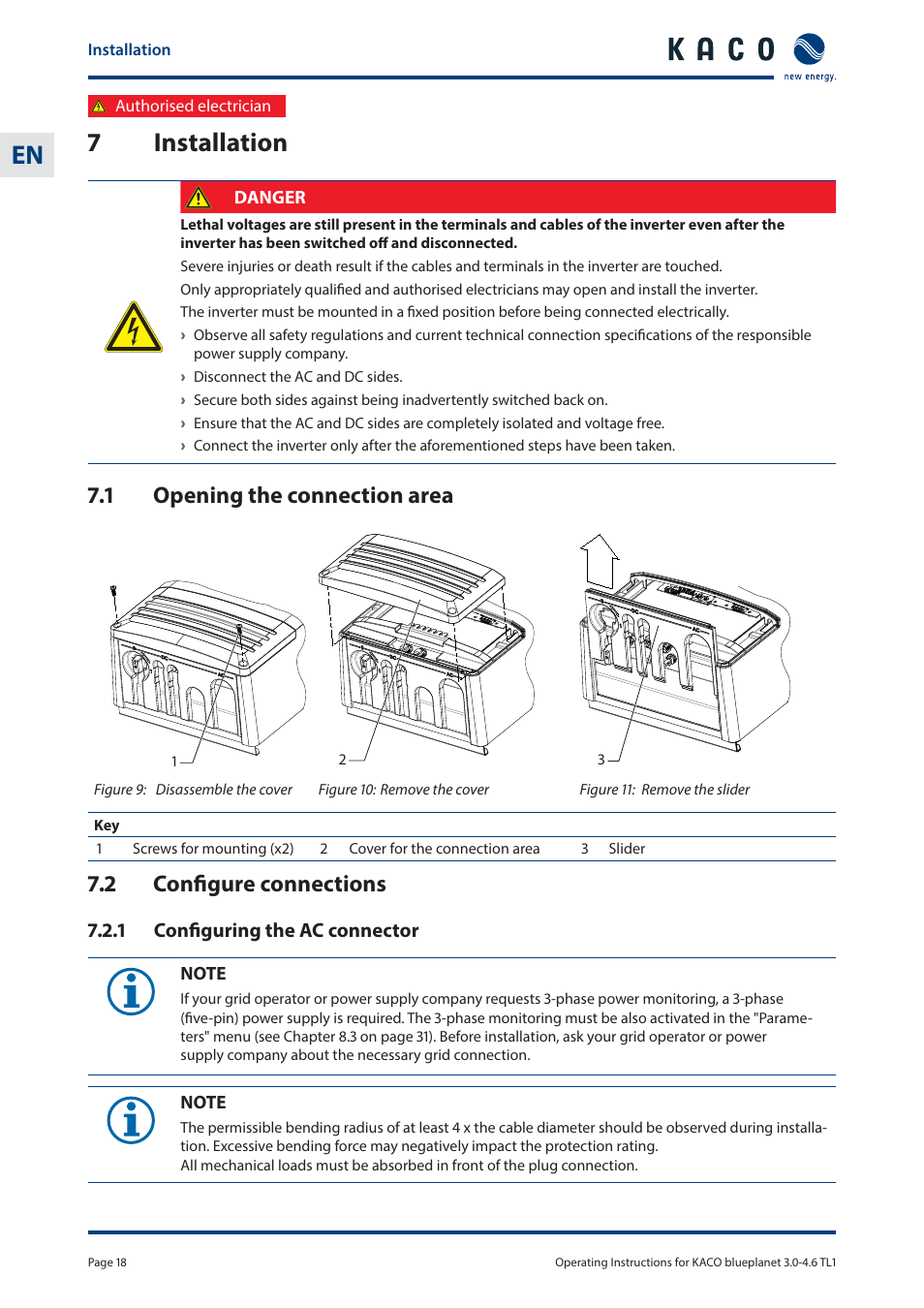 7 installation, 1 opening the connection area, 2 confi gure connections | KACO blueplanet 3.0 - 4.6 TL1 User Manual | Page 18 / 56