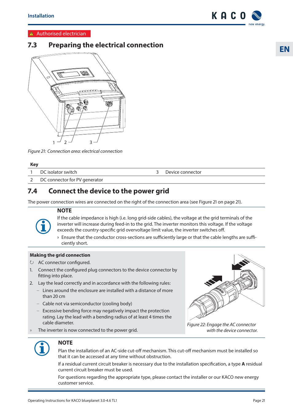 3 preparing the electrical connection, 4 connect the device to the power grid | KACO blueplanet 3.0 - 4.6 TL1 User Manual | Page 21 / 56