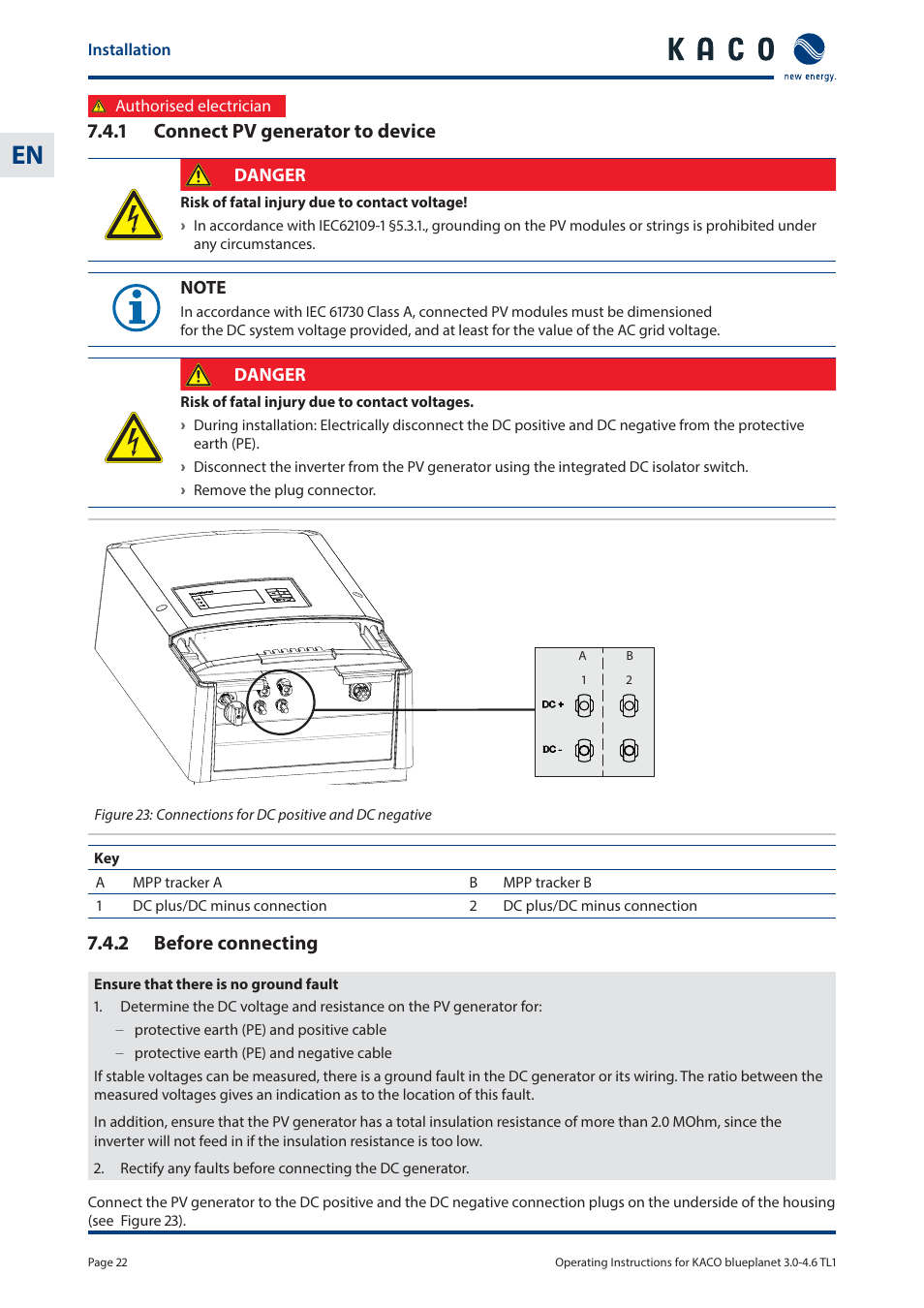 1 connect pv generator to device, 2 before connecting | KACO blueplanet 3.0 - 4.6 TL1 User Manual | Page 22 / 56