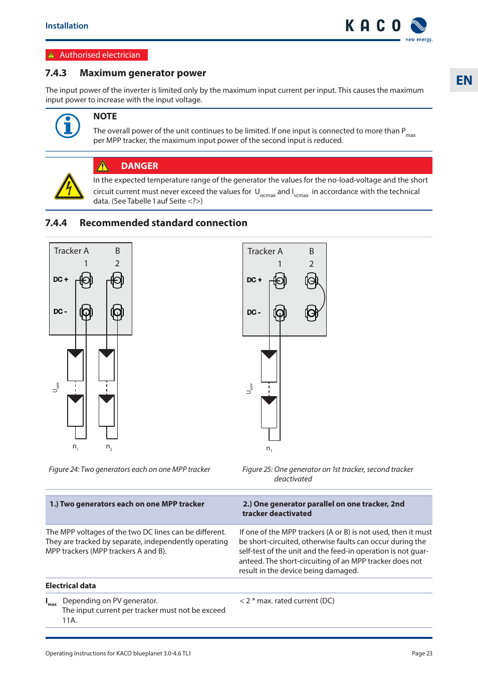 3 maximum generator power, 4 recommended standard connection, Danger | KACO blueplanet 3.0 - 4.6 TL1 User Manual | Page 23 / 56