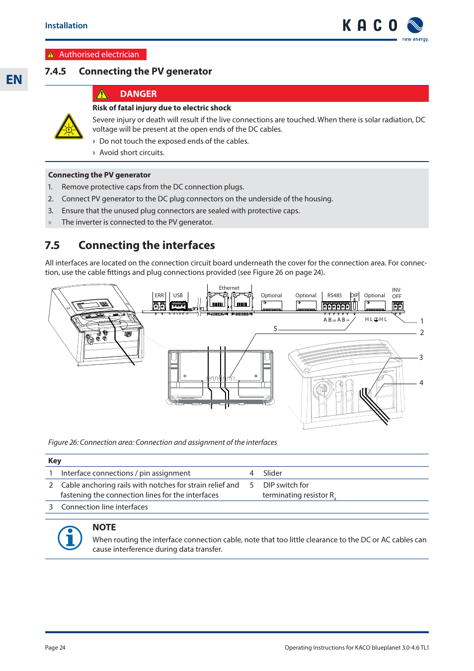 5 connecting the interfaces, 5 connecting the pv generator, Danger | KACO blueplanet 3.0 - 4.6 TL1 User Manual | Page 24 / 56