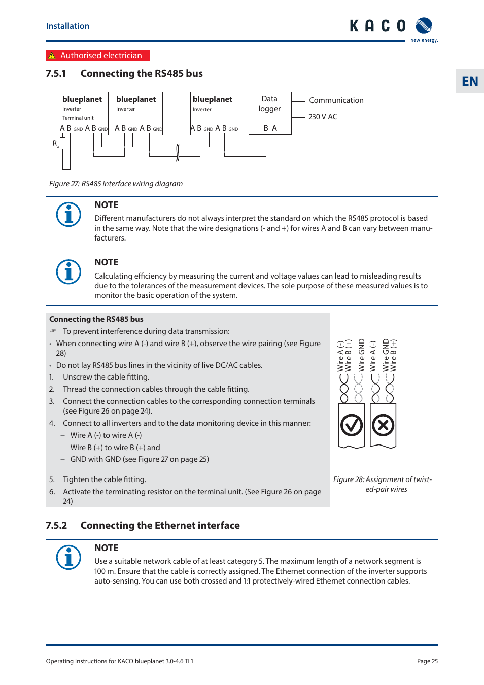 1 connecting the rs485 bus, 2 connecting the ethernet interface | KACO blueplanet 3.0 - 4.6 TL1 User Manual | Page 25 / 56