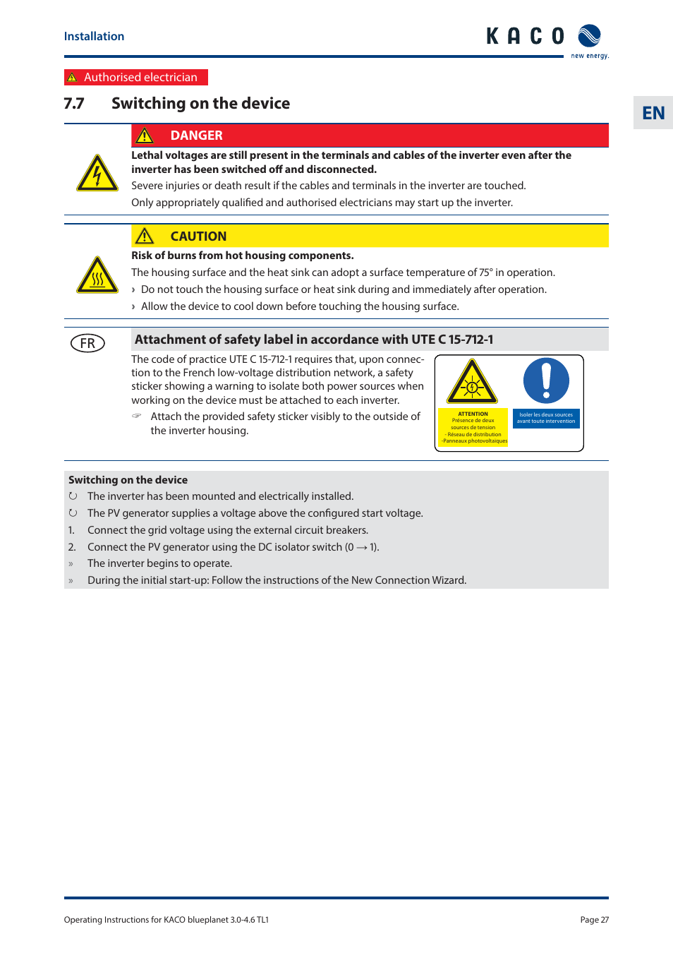 7 switching on the device, Danger, Caution | KACO blueplanet 3.0 - 4.6 TL1 User Manual | Page 27 / 56