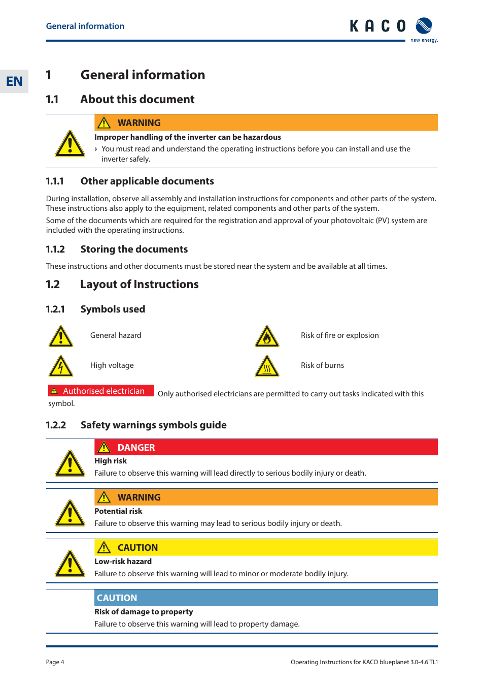 1 general information, 1 about this document, 2 layout of instructions | KACO blueplanet 3.0 - 4.6 TL1 User Manual | Page 4 / 56